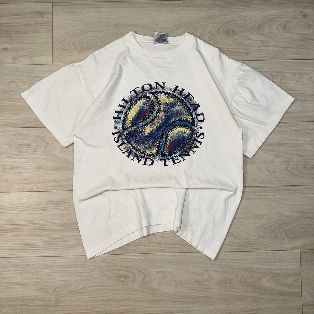 VINTAGE Hilton Head Island Tennis White Cotton Shirt Mens Medium Sports Art